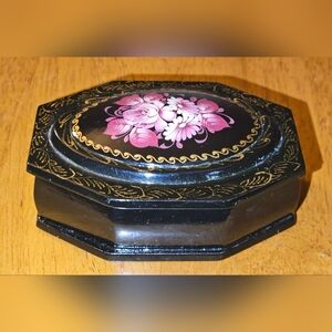 Vintage Black Lacquered Handpainted Jewelry Box Red Interior Russian
